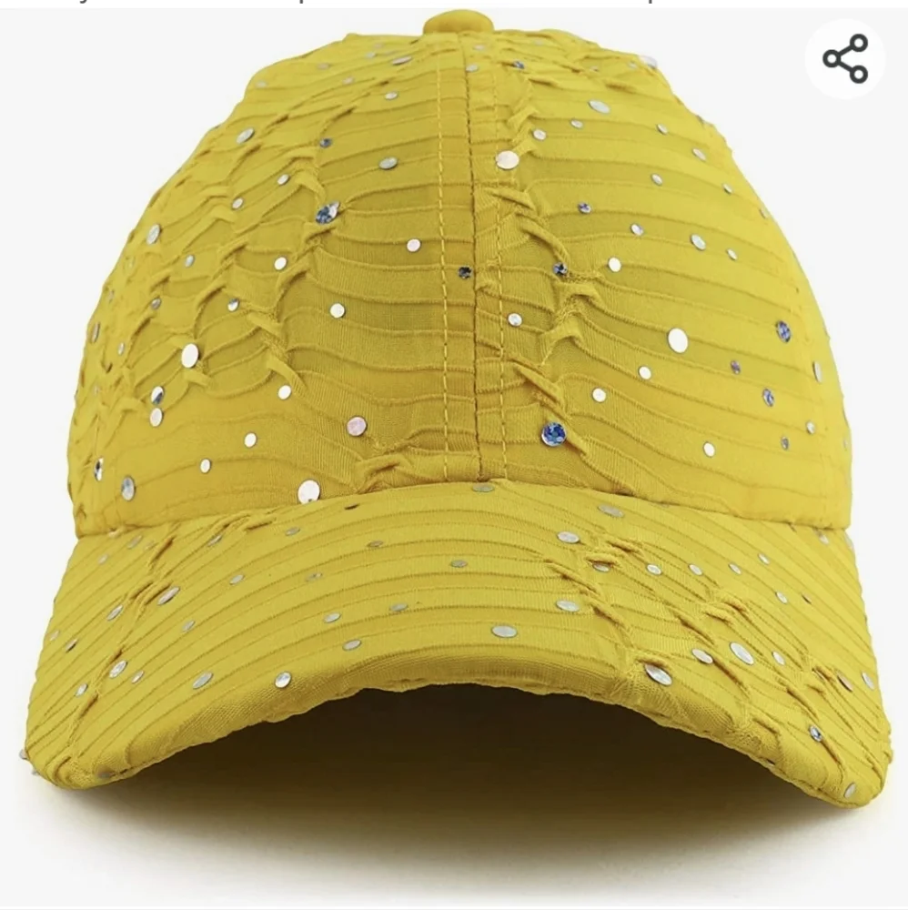 Yellow textured baseball cap with silver metallic dots ponyrail opening - Picture 4 of 9